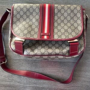 Gucci GG Canvas Web Stripe Messenger Shoulder Bag Burgundy Leather Trim